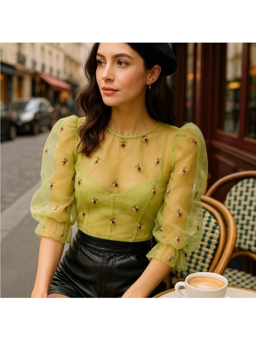 Zara Sheer Green Embroidered Puff-Sleeve Top xs